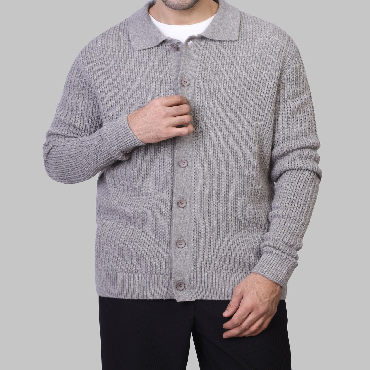TEXTURED BUTTON-UP LONG SLEEVE PULLOVER - GREY - Dockland