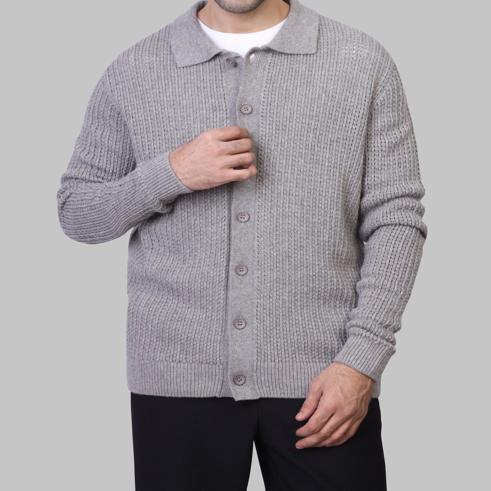 TEXTURED BUTTON-UP LONG SLEEVE PULLOVER - GREY - Dockland