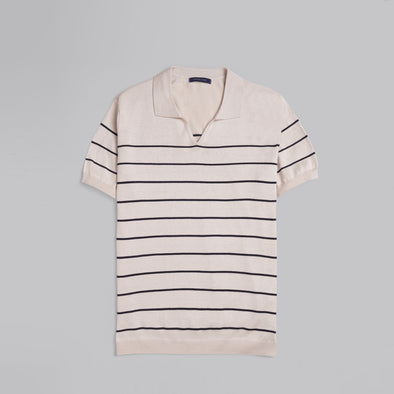 V-Neck Striped Knit Polo-BEIGE-Dockland