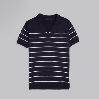 V-Neck Striped Knit Polo-NAVY-Dockland