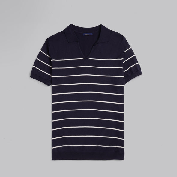 V-Neck Striped Knit Polo-NAVY-Dockland
