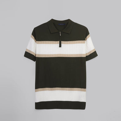 Half Zipper Striped Knitwear T-shirt  - OLIVE-Dockland