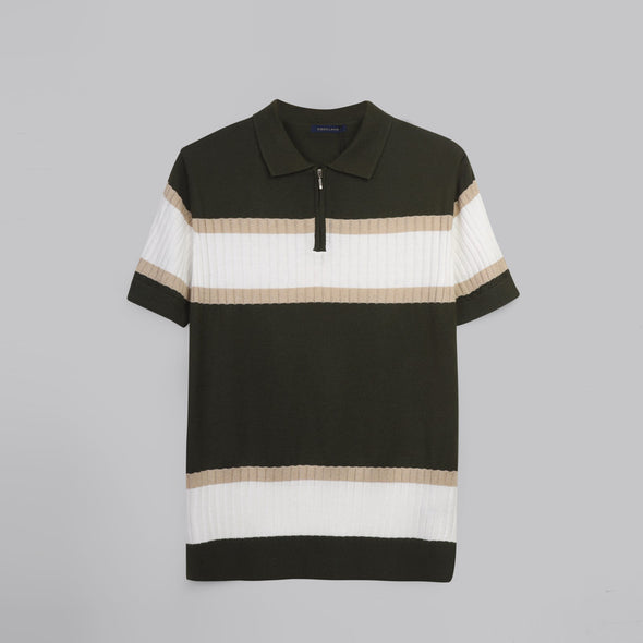 Half Zipper Striped Knitwear T-shirt  - OLIVE-Dockland