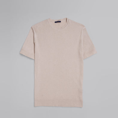 Ribbed Knit Round Neck T-shirt - BEIGE-Dockland
