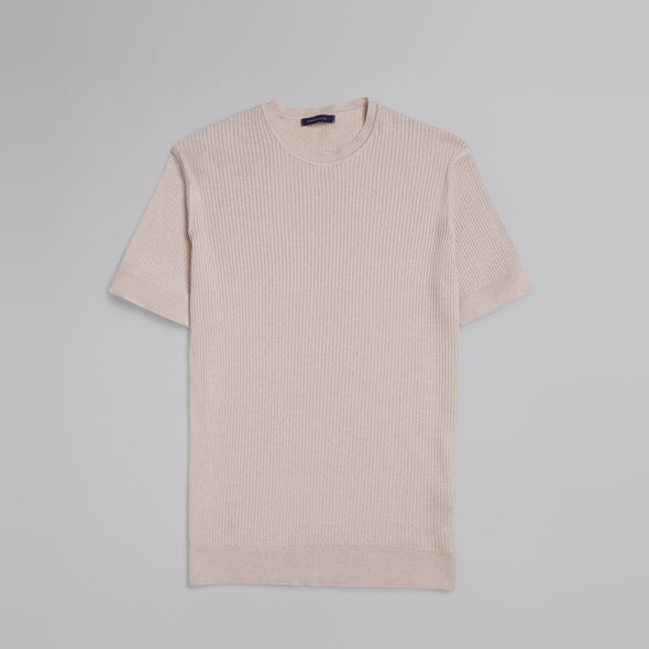 Ribbed Knit Round Neck T-shirt - BEIGE-Dockland