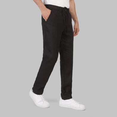Linen Elastic Waist Trousers  -  BLACK - DOCKLAND