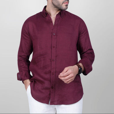 LONG SLEEVE LINEN SHIRT  - BURGUNDY- Dockland