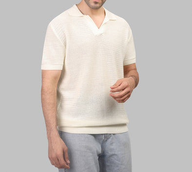 TEXTURED KNIT POLO SHIRT  - OFF WHITE - Dockland