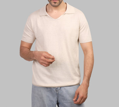 TEXTURED V-NECK POLO - BEIGE - Dockland