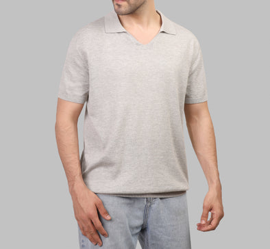 TEXTURED V-NECK POLO - GREY - Dockland