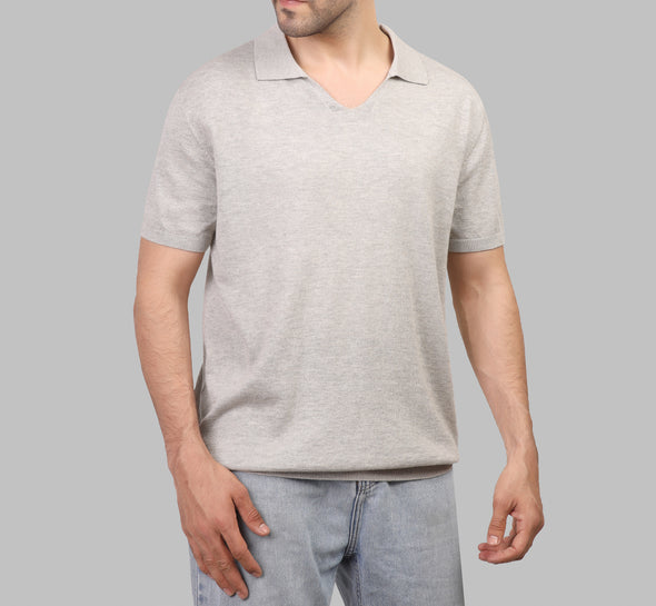 TEXTURED V-NECK POLO - GREY - Dockland