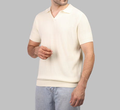 V-NECK RIBBED KNIT POLO  - OFF WHITE- Available in store - Dockland