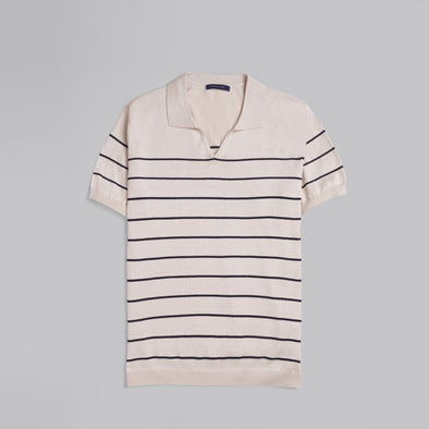 V-Neck Striped Knit Polo - BEIGE - Dockland