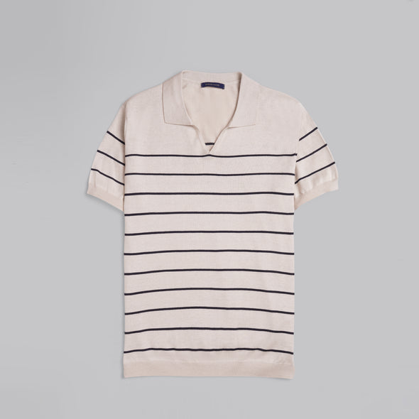 V-Neck Striped Knit Polo - BEIGE - Dockland