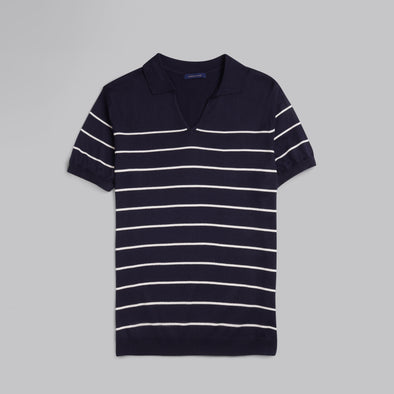 V-Neck Striped Knit Polo - NAVY - Dockland