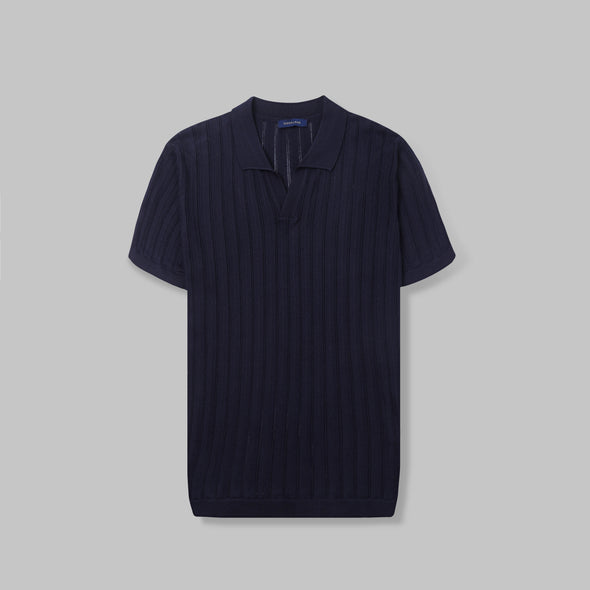 RIBBED KNIT POLO SHIRT- NAVY - Dockland