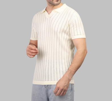 RIBBED KNIT POLO SHIRT - OFF WHITE - Dockland