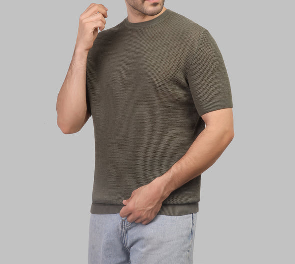 COTTON TEXTURED KNIT T-SHIRT - DARK GREEN - Dockland