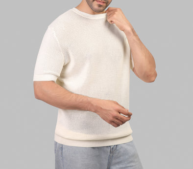 COTTON TEXTURED KNIT T-SHIRT - OFF WHITE
