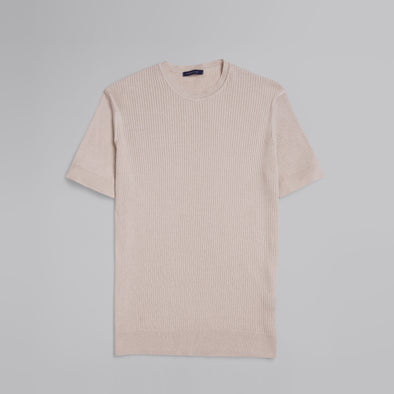 Ribbed Knit Round Neck T-shirt - BEIGE - Dockland