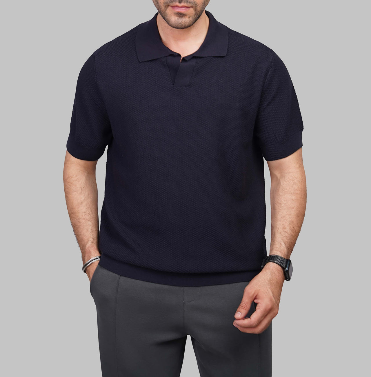 V-Neck Ribbed Knit Polo Shirt - Dockland