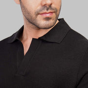 shop Men's soft ribbed V-neck knit polo shirt black Summer 2026 by Dockland - 
تسوق تيشرت بولو رجالي تريكو صيفي اسود بياقة v مضلعة لصيف 2026 من دوكلاند