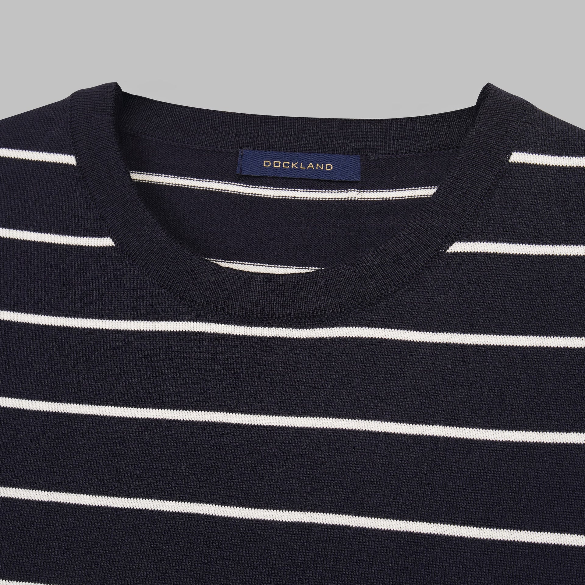 shop men's striped knit navy t-shirt for summer 2026 by dockland - تسوق تيشرت نيت نيفي  رجالي صيفي مخطط ومقلم 2026 من دوكلاند