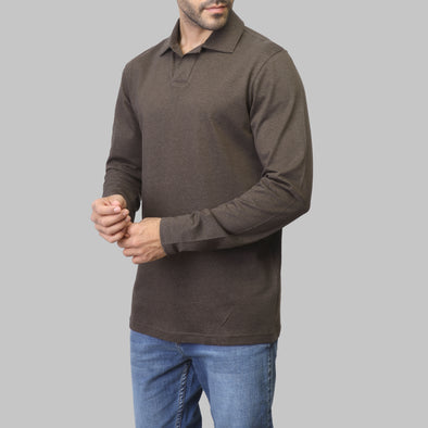 Plain Long-Sleeve Polo Shirt - BROWN