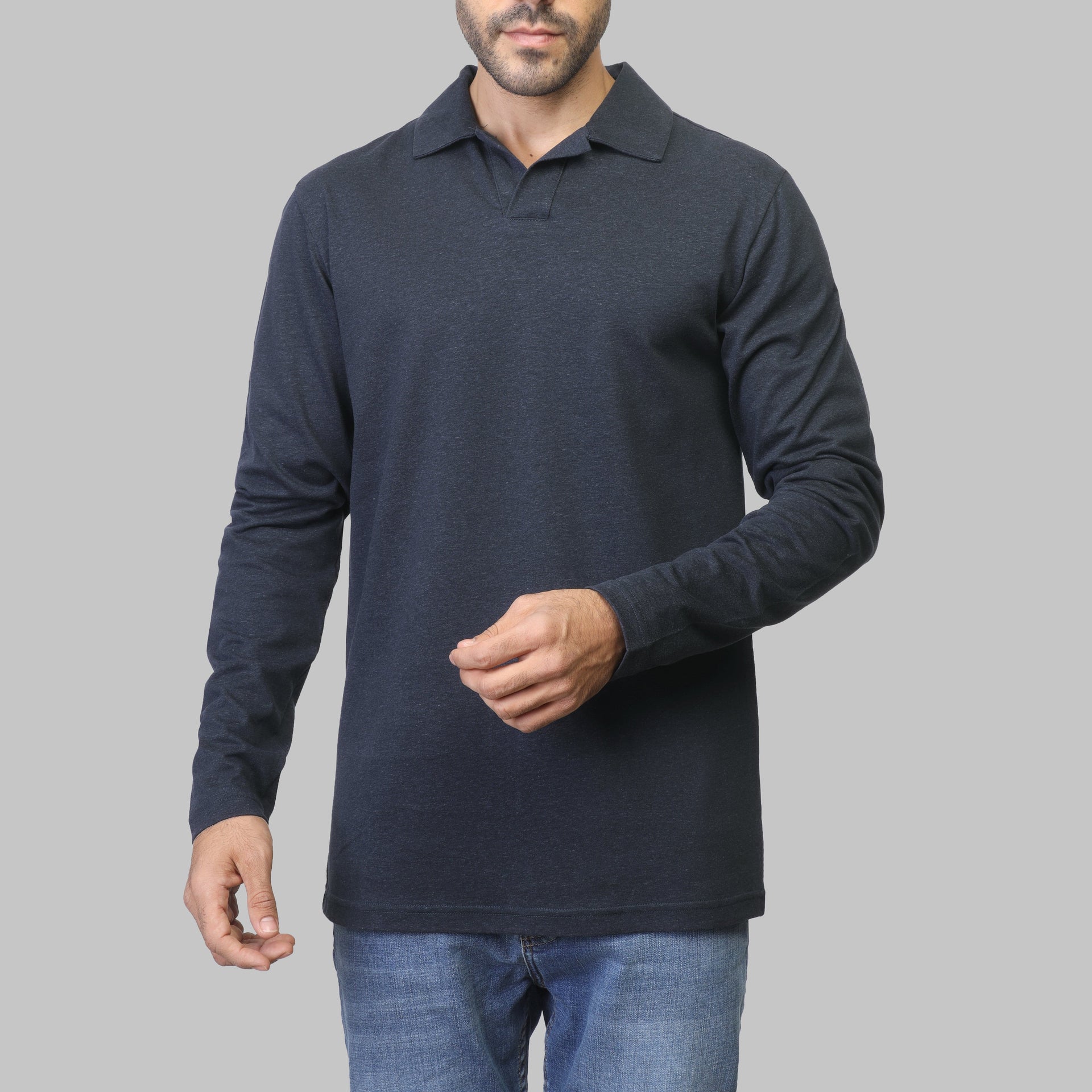 Plain Long-Sleeve Polo Shirt - NAVY - Dockland