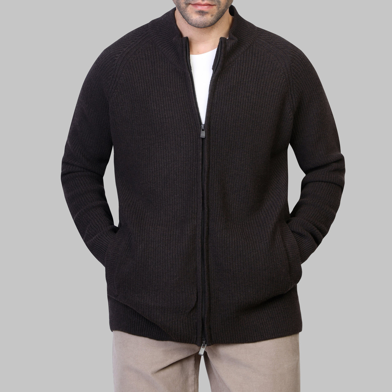 BASIC FULL-ZIP PULLOVER - BROWN - Dockland