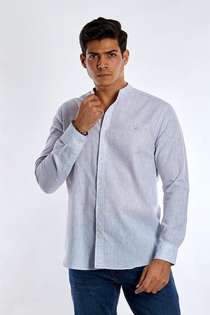 Long-Sleeve Linen Shirt With Mandarin Collar - GREY - Dockland