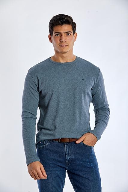 Long Sleeve Round Neck Plain T-Shirt - INDIGO - Dockland