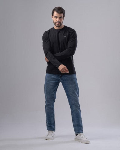 PLAIN LONG-SLEEVE ROUND NECK T-SHIRT - BLACK - Dockland