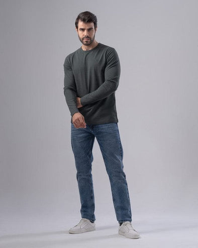 PLAIN LONG-SLEEVE ROUND NECK T-SHIRT - DARK OLIVE - Dockland