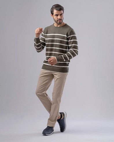 CREW NECK STRIPED SWEATER - OLIVE - Dockland