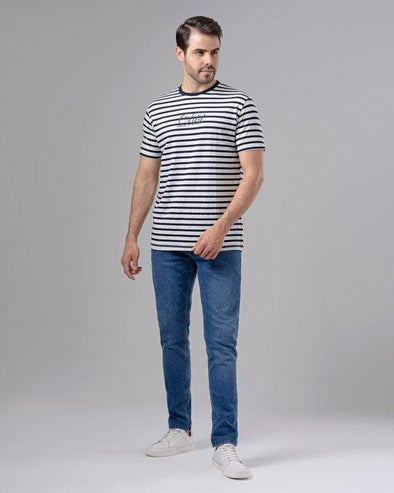 ROUND NECK STRIPED T-SHIRT - NAVY - Dockland
