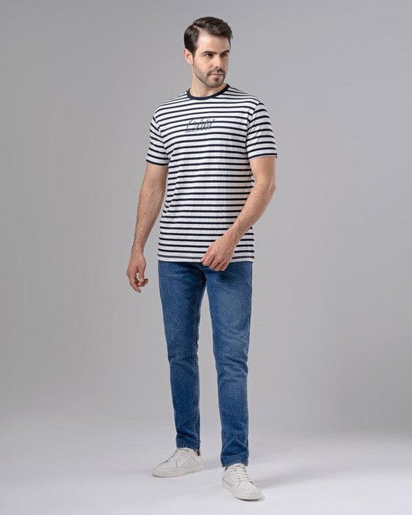 ROUND NECK STRIPED T-SHIRT - NAVY - Dockland
