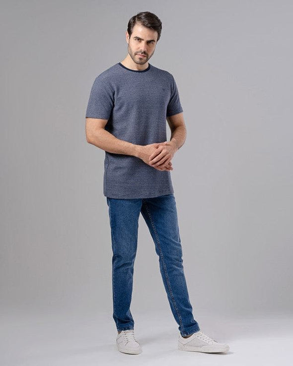 ROUND NECK TEXTURED T-SHIRT - NAVY - Dockland