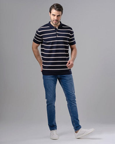 STRIPED KNIT POLO SHIRT - NAVY - Dockland