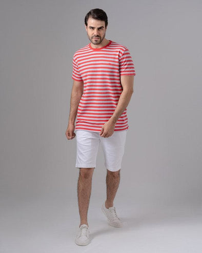 STRIPED ROUND NECK PIQUE T-SHIRT - MELON - Dockland